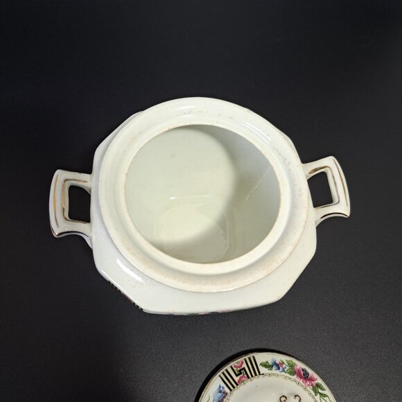 J & G Meakin England SOL Square Covered Sugar Bowl With Gold Trim & Black Pink F - Picture 11 of 16